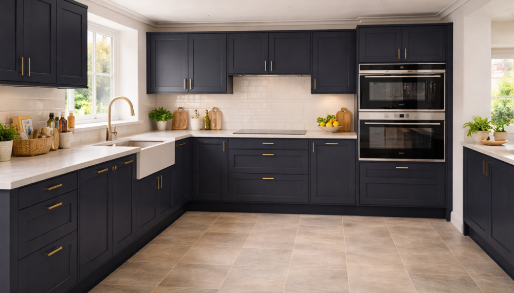Howdens kitchen installation Edinburgh navy shaker kitchen with island marble worktop and modern fitted appliances