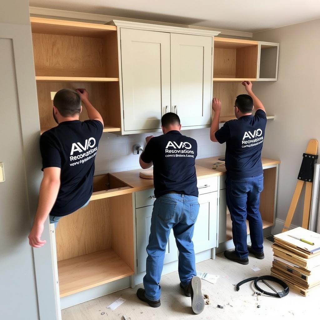 AVO Renovations team installing kitchen cabinets in Bruntsfield AVO Renovations team installing kitchen cabinets in Bruntsfield