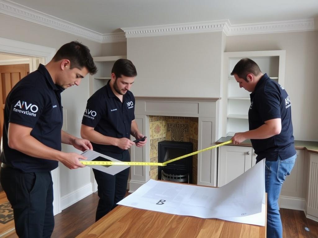 AVO Renovations team measuring a Bruntsfield kitchen space AVO Renovations team measuring a Bruntsfield kitchen space