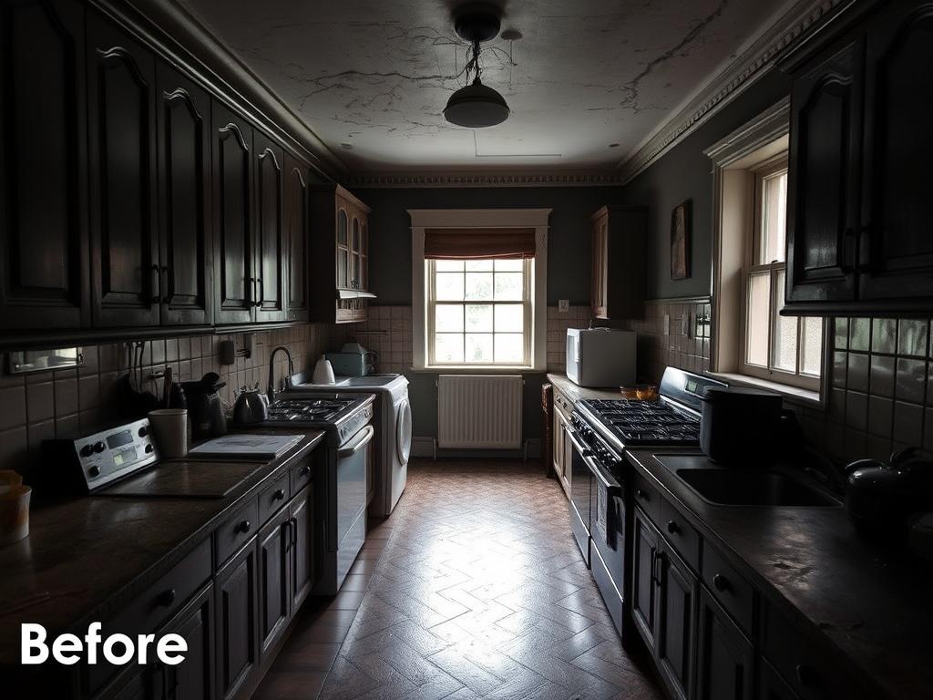 Before photo of outdated kitchen in a Morningside Edinburgh Victorian home Before photo of outdated kitchen in a Morningside Edinburgh Victorian home