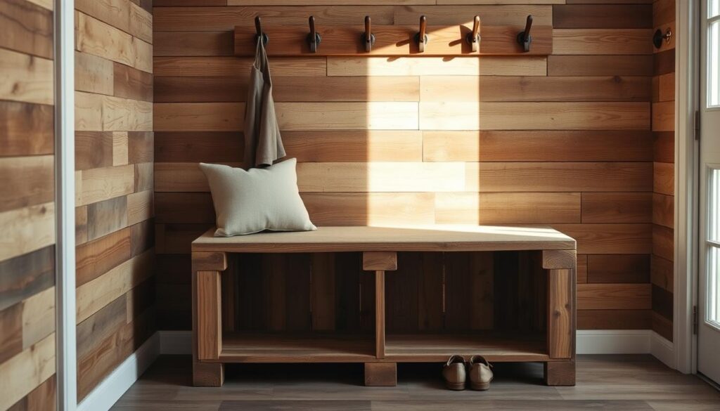 DIY mudroom bench with pallet plank walls
