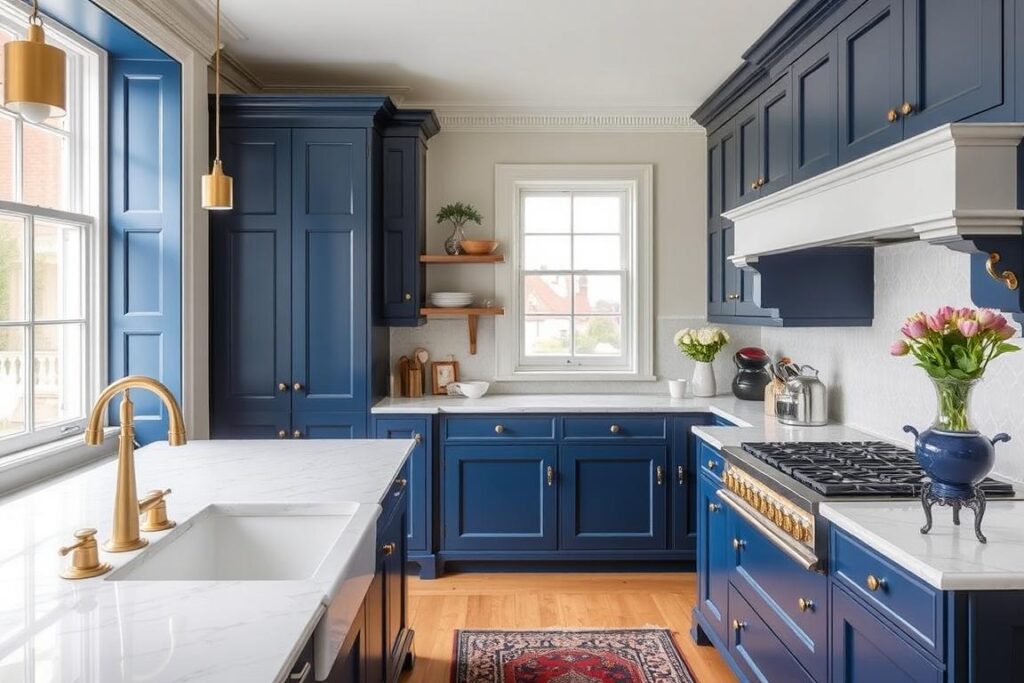 Heritage color palette used in a Morningside Edinburgh kitchen renovation featuring deep blues and greens Heritage color palette used in a Morningside Edinburgh kitchen renovation featuring deep blues and greens