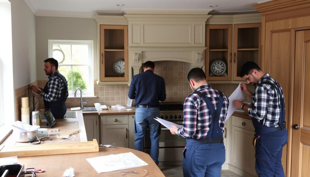 Professional kitchen contractors working on a renovation in a Morningside Edinburgh period home Professional kitchen contractors working on a renovation in a Morningside Edinburgh period home
