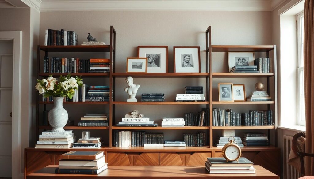 Stylish shelf display with books and decor