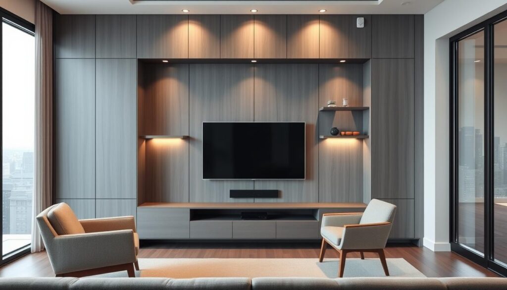 panelled media wall for apartment living