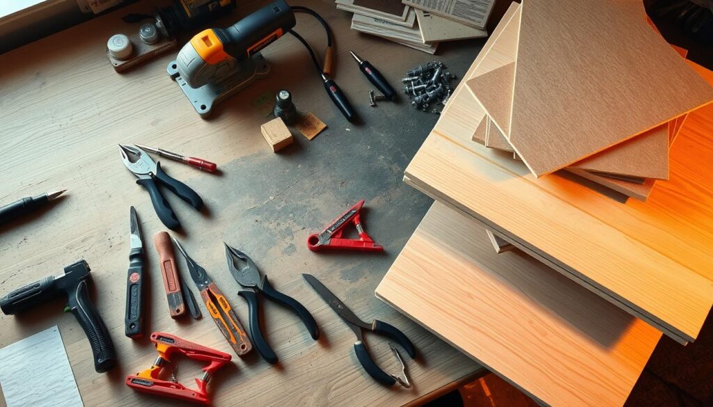 plywood and tools for DIY grid project