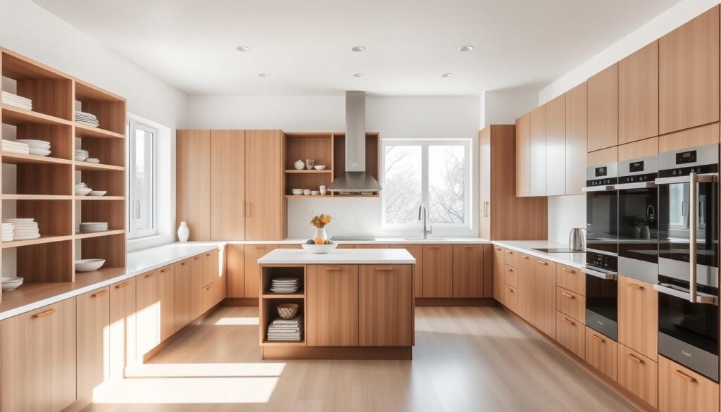 A minimalist, well-organized kitchen with clean lines and ample storage. Sleek cabinets line the walls, utilizing every inch of space. A central island provides additional counter space and doubles as a dining area. Large windows flood the room with natural light, creating an airy, inviting atmosphere. Strategically placed shelves and drawers optimize the layout, ensuring maximum efficiency. Warm, muted tones create a calming, contemporary ambiance. Stainless steel appliances gleam, complementing the modern design. The overall impression is one of thoughtful, space-saving ingenuity, showcasing a kitchen that is both beautiful and highly functional.