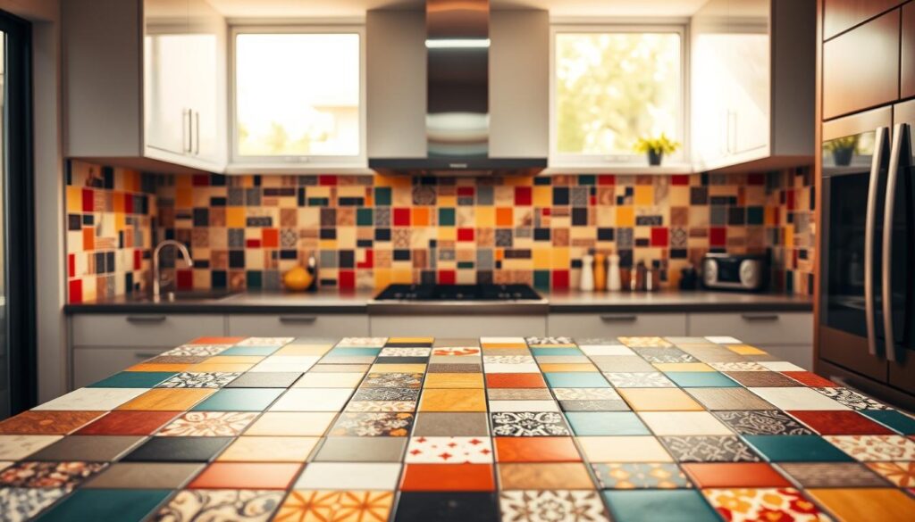 A modern, well-appointed kitchen with a vibrant color scheme and eye-catching backsplash. In the foreground, an array of tile patterns and hues, ranging from bold primary colors to subtle earth tones, create a visually striking focal point. The middle ground features sleek, minimalist cabinetry and countertops, allowing the backsplash to take center stage. In the background, a warm, diffused light filters through large windows, casting a soft, inviting glow and highlighting the interplay of textures and tones. The overall composition conveys a sense of personal style, creativity, and a harmonious blend of form and function.