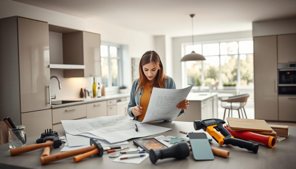 A modern, well-lit kitchen with sleek cabinetry and countertops. In the foreground, a homeowner examines blueprints and sketches, pondering renovation possibilities. Midground showcases various renovation tools and materials - hammers, saws, tiles, and paint swatches. The background features an open concept layout, with natural light streaming in through large windows, hinting at the bright, airy atmosphere to come. The scene conveys a sense of careful planning, pragmatic problem-solving, and excitement for the kitchen's forthcoming transformation.