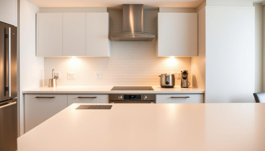 A modern, well-lit kitchen with strategic electrical outlet placement. In the foreground, a sleek, minimalist kitchen island with several power outlets seamlessly integrated into the surface, allowing for easy access to charge devices or power small appliances. The middle ground showcases a backsplash with multiple outlets evenly spaced, enabling the placement of toasters, blenders, and other frequently used electronics. In the background, the walls feature discreetly placed outlets, blending seamlessly with the kitchen's design. Warm, diffused lighting casts a cozy glow, highlighting the thoughtful outlet positioning that maximizes functionality without compromising the kitchen's aesthetic. The scene conveys a sense of efficiency, organization, and a keen attention to detail in the kitchen renovation.
