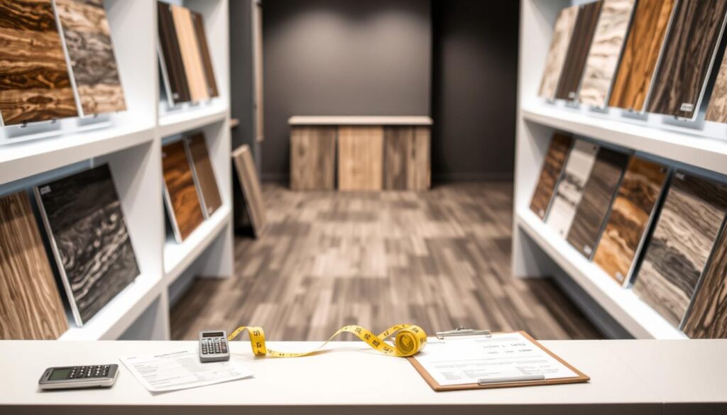 A neatly organized tile showroom, with various flooring samples displayed on clean white shelves. Soft, directional lighting illuminates the textures and patterns, allowing the viewer to examine the materials in detail. In the foreground, a calculator, a measuring tape, and a clipboard with cost estimates create a sense of a professional consultation. The middle ground showcases laminate, hardwood, and luxury vinyl tile options, each highlighted to demonstrate their unique qualities. The background features a muted, minimalist interior design, allowing the flooring choices to take center stage. A neatly organized tile showroom, with various flooring samples displayed on clean white shelves. Soft, directional lighting illuminates the textures and patterns, allowing the viewer to examine the materials in detail. In the foreground, a calculator, a measuring tape, and a clipboard with cost estimates create a sense of a professional consultation. The middle ground showcases laminate, hardwood, and luxury vinyl tile options, each highlighted to demonstrate their unique qualities. The background features a muted, minimalist interior design, allowing the flooring choices to take center stage.