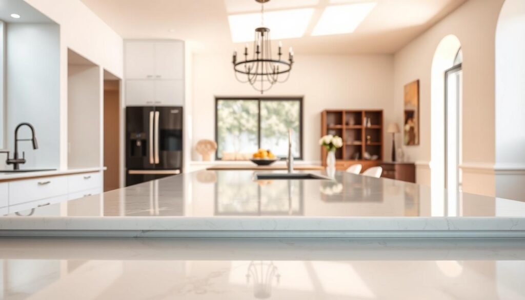 A sleek, modern kitchen with durable, high-quality marble countertops that gleam under warm, natural lighting. The countertop's surface is smooth and polished, reflecting the room's neutral color palette. Delicate veining in the marble adds visual interest, hinting at the material's natural origins. The countertop seamlessly transitions from the kitchen's bright, airy space into a thoughtfully designed dining area, showcasing the versatility and timeless appeal of this premium surface. The scene is captured from a slightly elevated angle, emphasizing the countertop's substantial thickness and sturdy construction, ideal for the demands of a busy kitchen.