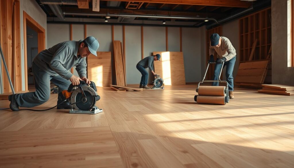 A well-lit professional construction site, with a team of skilled flooring installers meticulously laying down high-quality hardwood planks. The foreground features a worker expertly wielding a power saw, the middle ground shows another installer smoothing out the surface with a specialized flooring roller, and the background showcases the clean, organized workflow of the installation process. Soft, directional lighting casts warm shadows, enhancing the sense of craftsmanship and attention to detail. The scene conveys the expertise, precision, and care that go into transforming a bare floor into a beautiful, durable surface ready for everyday use. A well-lit professional construction site, with a team of skilled flooring installers meticulously laying down high-quality hardwood planks. The foreground features a worker expertly wielding a power saw, the middle ground shows another installer smoothing out the surface with a specialized flooring roller, and the background showcases the clean, organized workflow of the installation process. Soft, directional lighting casts warm shadows, enhancing the sense of craftsmanship and attention to detail. The scene conveys the expertise, precision, and care that go into transforming a bare floor into a beautiful, durable surface ready for everyday use.