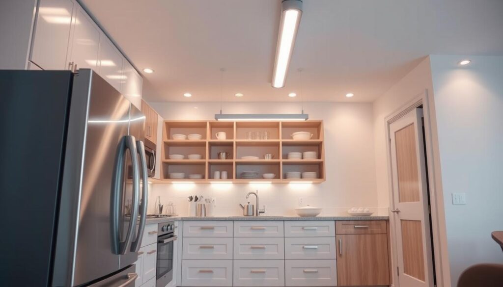 A bright, contemporary kitchen with sleek appliances, ample storage, and warm, ambient lighting. In the foreground, a stainless-steel refrigerator and oven sit flush against the cabinetry, their surfaces gleaming under the soft glow of recessed ceiling lights. Overhead, a linear pendant light casts a gentle illumination, accentuating the clean lines of the modern design. In the middle ground, open shelving displays neatly organized cookware and tableware, while drawers and cabinets offer ample storage space. The background showcases a neutral color palette, with light-colored walls and wooden accents, creating a serene and inviting atmosphere.