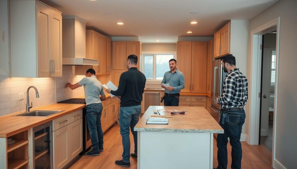 A contemporary kitchen undergoing a careful renovation, the focus on the skilled labour and project management involved. In the foreground, a team of contractors expertly installing new cabinets and countertops, their movements precise and coordinated. In the middle ground, a project manager reviews plans and oversees the process, ensuring every detail is addressed. The background reveals the partially remodeled space, hinting at the transformation to come - new flooring, lighting fixtures, and a sleek, modern aesthetic. Warm, directional lighting casts subtle shadows, highlighting the craftsmanship and dedication of the professionals at work. An atmosphere of focused productivity and attention to detail pervades the scene.