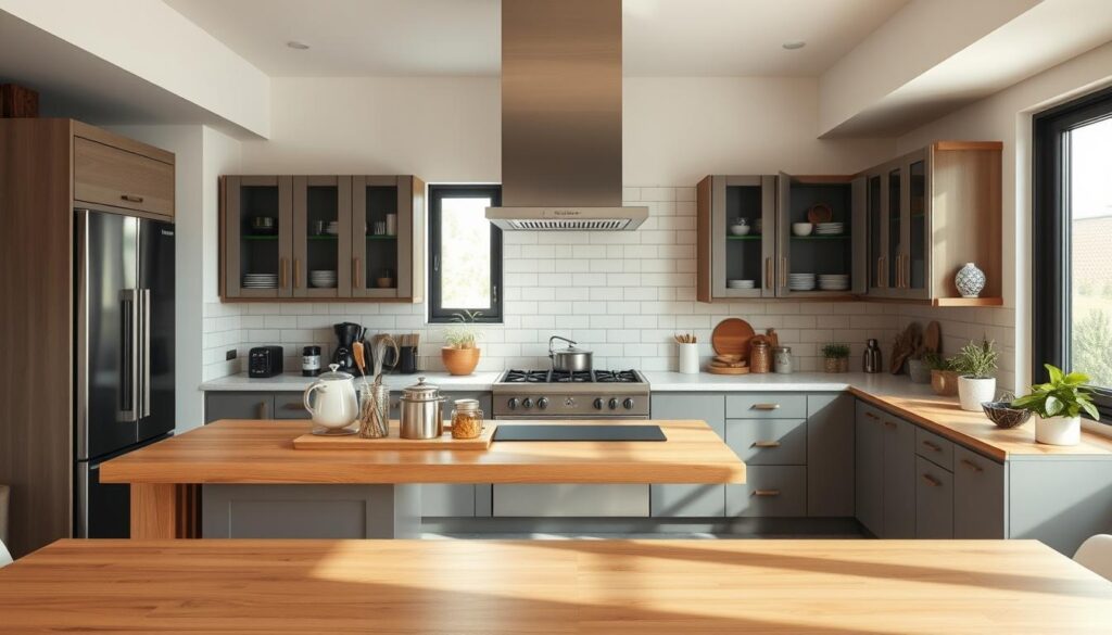 A modern, airy kitchen with natural light filtering through large windows. In the foreground, a kitchen island with a solid wood countertop and a sleek, minimalist design. Various kitchen tools and appliances are neatly arranged, conveying a sense of efficiency and practicality. The middle ground showcases a range of kitchen cabinets, some open to reveal carefully curated dishware and utensils. The background features a tiled backsplash in a neutral color palette, complementing the overall aesthetic. The lighting is soft and even, creating a warm and inviting atmosphere, while the camera angle captures the kitchen from a slightly elevated perspective, emphasizing the sense of space and functionality.