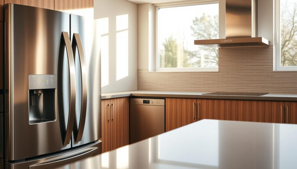 A modern kitchen interior, well-lit by natural light streaming through large windows. In the foreground, a sleek, energy-efficient refrigerator, its stainless steel finish gleaming. Beside it, a state-of-the-art induction cooktop with touch controls. In the middle ground, a compact dishwasher with a discreet, minimalist design. The backsplash features a subtle, geometric tile pattern that complements the warm, neutral tones of the cabinetry. The overall atmosphere conveys a sense of efficiency, functionality, and stylish sophistication.