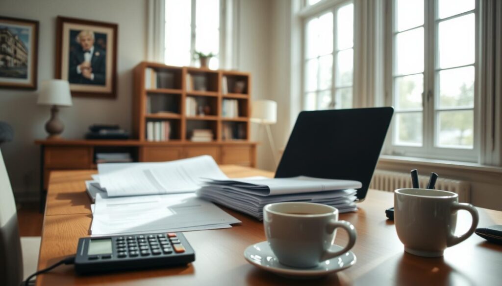 An intimate interior scene of a home office, illuminated by natural light filtering through tall windows. On the desk, a laptop and stack of financial documents are arranged neatly, conveying a sense of focused deliberation. In the foreground, a calculator and a cup of coffee sit alongside, hinting at the careful consideration of financial decisions. The walls are adorned with framed artwork, adding a touch of sophistication to the space. The overall atmosphere is one of thoughtful contemplation, as the subject navigates the intricacies of market timing and lending in the context of a potential home renovation project.