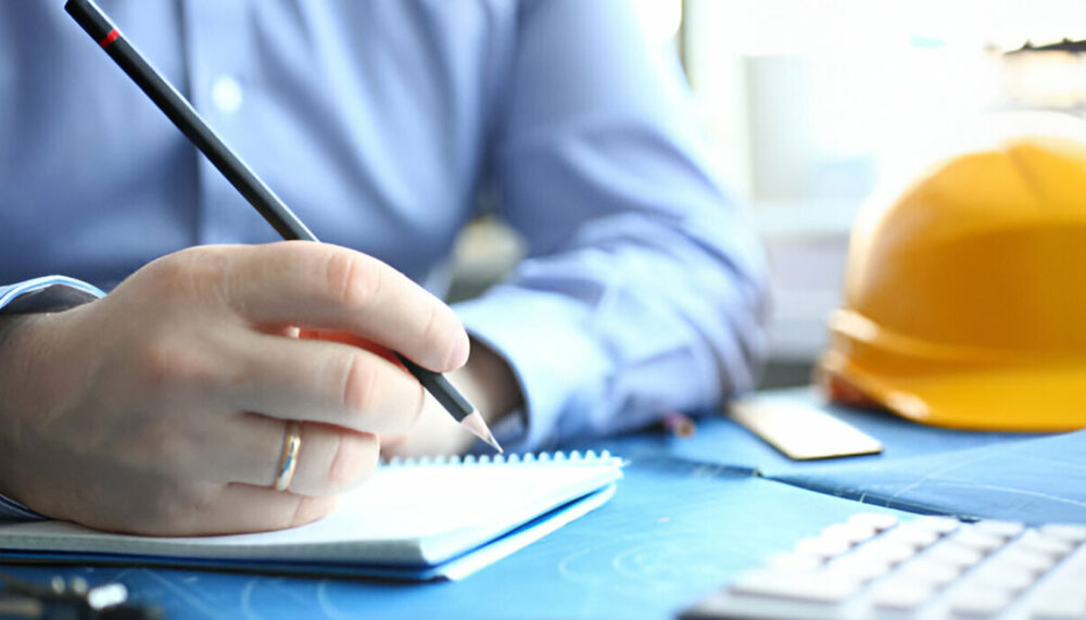 Construction estimator reviewing blueprints and project plans