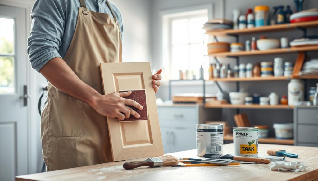 A bright and well-lit workshop scene focused on a person in professional attire preparing laminate surfaces for painting. In the foreground, a man or woman wearing a clean apron is carefully sanding a smooth, light-colored laminate cupboard door with a sanding block, creating fine dust particles in the air. The middle ground features a selection of painting tools, including a primer can, brushes, and a tack cloth, neatly arranged on a workbench. In the background, shelves filled with various paint supplies and tools create an organized atmosphere. Soft, natural light filters in through a window, illuminating the workspace and giving it a warm, motivating ambiance reflective of a productive DIY project. The scene conveys a sense of focus and preparation for an upcoming painting task.