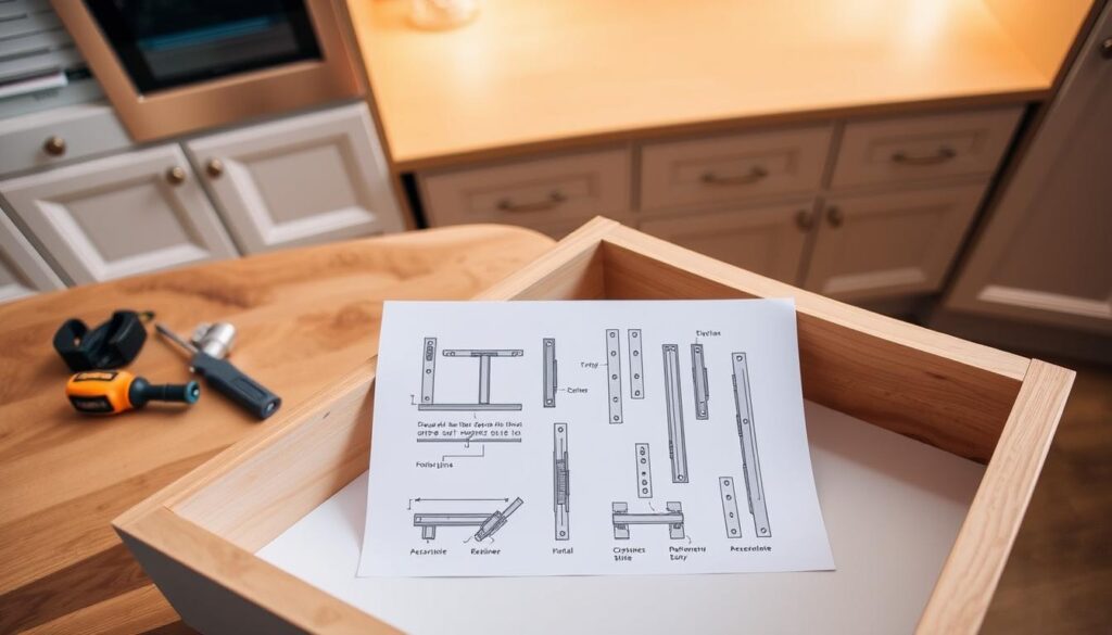 A detailed and informative drawer installation guide ideal for kitchen units. The foreground features a well-organized workspace with an open drawer, tools like a screwdriver and tape measure, and clear, step-by-step visuals demonstrating the installation process. In the middle, an illustrated diagram displays labeled components such as drawer slides and hinges, arranged logically to show assembly. The background includes a softly lit kitchen setting with stylish cabinetry, emphasizing a clean and modern design. The scene is captured from an overhead angle, ensuring visibility of the components and workspace, creating a professional and instructional atmosphere. Warm, natural lighting enhances clarity and helps convey a welcoming, DIY spirit. Ensure there are no texts or watermarks.