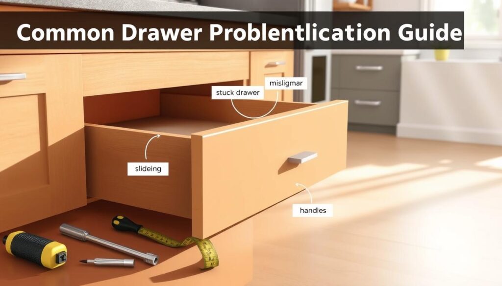A detailed illustration of a "Common Drawer Problems Identification Guide," featuring a well-organized kitchen drawer with various potential issues highlighted. In the foreground, tools like a screwdriver and measuring tape lie beside a partially pulled-out drawer, demonstrating misalignment. The middle layer showcases labeled visual indicators of common problems such as a stuck drawer, uneven sliding, and loose handles. In the background, a clean, contemporary kitchen setting with soft, natural lighting beams through a window, casting gentle shadows. The atmosphere feels informative and accessible, designed to engage homeowners looking to troubleshoot their kitchen drawers effectively. No text or captions are present in the image.