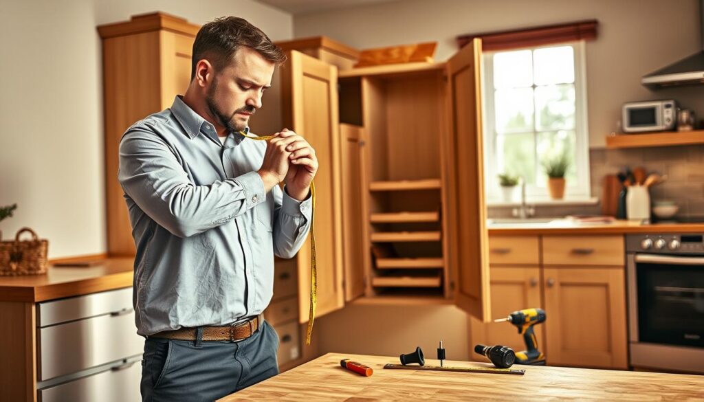 A detailed kitchen scene showcasing the installation of B&Q kitchen doors onto Wickes cupboards. In the foreground, a professional tradesperson wearing a modest work shirt and trousers is measuring the doors with a tape measure, their focused expression indicating precision. The middle ground displays an open cabinet with partially installed kitchen doors, highlighting the compatibility aspect. Tools like a drill, screwdriver, and level are neatly arranged nearby, emphasizing the DIY nature of the task. The background features a well-lit kitchen with warm, inviting tones, and natural light streaming through a window, creating a welcoming atmosphere. The overall mood should convey a sense of determination and professionalism, ideal for a home improvement context. A detailed kitchen scene showcasing the installation of B&Q kitchen doors onto Wickes cupboards. In the foreground, a professional tradesperson wearing a modest work shirt and trousers is measuring the doors with a tape measure, their focused expression indicating precision. The middle ground displays an open cabinet with partially installed kitchen doors, highlighting the compatibility aspect. Tools like a drill, screwdriver, and level are neatly arranged nearby, emphasizing the DIY nature of the task. The background features a well-lit kitchen with warm, inviting tones, and natural light streaming through a window, creating a welcoming atmosphere. The overall mood should convey a sense of determination and professionalism, ideal for a home improvement context.