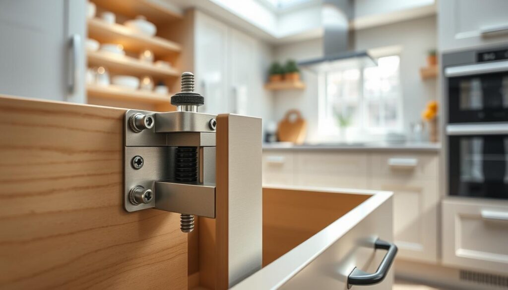 A detailed vertical drawer adjustment mechanism, showcasing its intricate components and functionality. In the foreground, highlight a close-up view of the mechanism with adjustable screws and sliders, illustrating how they work to elevate or lower the drawer. The middle ground features a kitchen setting, displaying a sleek B&Q kitchen environment with well-organized drawers. The background captures a softly lit atmosphere, emphasizing a warm, inviting kitchen ambiance. Use natural lighting to create soft shadows that accentuate the textures of the mechanism and surrounding cabinetry. The focus should remain on the mechanism, ensuring clarity in its design to enhance understanding of its functionality. The overall mood conveys practicality and efficiency, perfect for a DIY context.