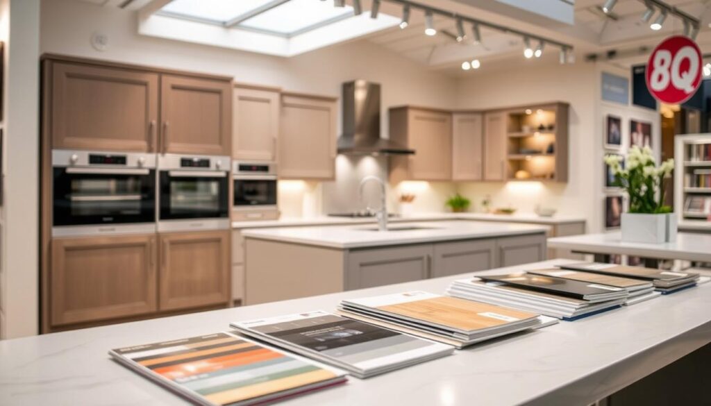 A modern kitchen display in a B&Q store, showcasing various customized kitchen returns. In the foreground, a sleek countertop with samples of kitchen materials and color swatches neatly arranged. The middle ground features a stylish kitchen setup with elegant cabinetry, stainless steel appliances, and a well-organized workspace to indicate a functional yet aesthetic design. In the background, soft lighting highlights the kitchen environment, creating a warm and inviting atmosphere. The perspective is from a slightly elevated angle, giving a comprehensive view of the kitchen return setup, emphasizing its appealing features while maintaining a professional and informative mood. The image conveys a sense of quality and attention to detail in kitchen design.