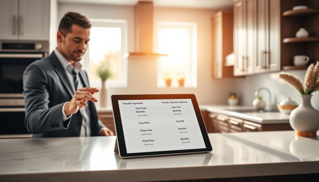 A modern kitchen scene featuring a stylish countertop with a tablet displaying various flexible payment options for kitchen renovations. In the foreground, a professional-looking person in business attire is attentively reviewing the tablet, gesturing toward different payment plans. The middle layer showcases an elegant kitchen setup with sleek cabinets, stainless steel appliances, and decorative elements that evoke a welcoming atmosphere. In the background, natural light streams through a window, illuminating the space and creating a warm, inviting mood. The overall composition should convey the theme of financial flexibility and options available for kitchen purchases, with a focus on professionalism and modern design. Soft focus, bright lighting, and a slight overhead angle enhance the aesthetic appeal.