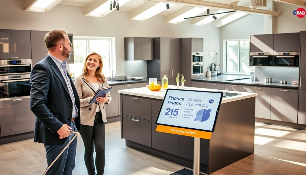 A modern kitchen showroom showcasing the FlexiPlan kitchen finance options at B&Q. In the foreground, a cheerful customer, dressed in smart casual attire, is discussing finance details with a knowledgeable sales consultant in a sharp business outfit. The kitchen features sleek cabinets, a stylish island with a contemporary countertop, and high-end appliances, radiating a welcoming and modern atmosphere. In the middle ground, finance brochures and digital displays highlight flexible payment options prominently. The background reveals other kitchen displays, enhanced by bright, natural lighting streaming through large windows, creating an inviting environment. The image portrays a sense of professionalism and excitement, illustrating a seamless blend of style and finance in kitchen planning.