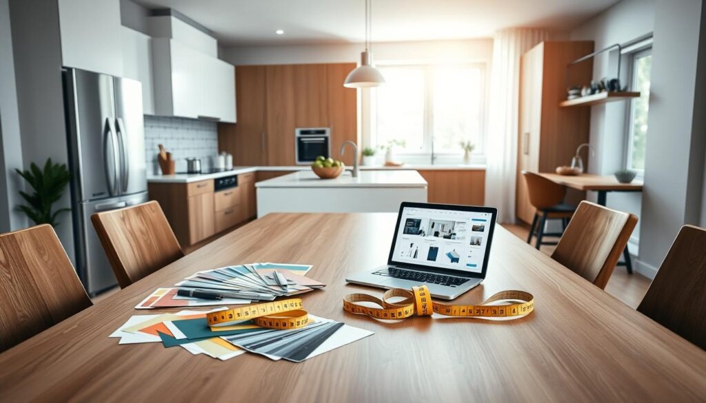 A modern, stylish kitchen layout featuring an inviting, open plan design. In the foreground, a sleek wooden dining table adorned with practical renovation tools like color swatches, a measuring tape, and a laptop displaying a design software. The middle ground showcases a well-organized kitchen area equipped with high-quality cabinetry, elegant countertops, and energy-efficient appliances, highlighting the concept of smart saving renovations. In the background, soft natural light streams through a window, illuminating the space and creating a warm, inspiring atmosphere. The setting reflects professionalism and creativity, emphasizing a seamless blend of functionality and modern design. The mood is optimistic and motivating, suitable for homeowners planning a kitchen renovation on a budget.