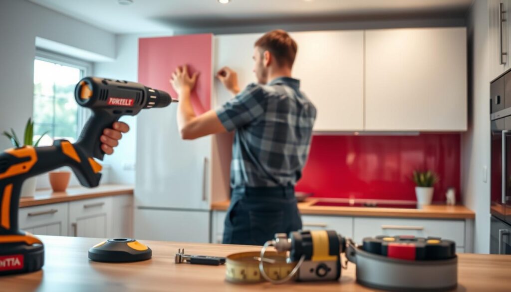A professional kitchen fitter in modest casual attire is actively installing a sleek, modern kitchen at a residential home. In the foreground, tools like a power drill and measuring tape are neatly arranged, emphasizing professionalism and precision. The middle ground captures the fitter adjusting cabinets, with bright overhead lighting highlighting the vibrant colors of the cabinetry and countertops. In the background, natural light enters through a window, illuminating a friendly, welcoming atmosphere, with potted plants adding a touch of warmth. The focus is sharp on the fitter’s concentration and skill, conveying a sense of dedication and craftsmanship in the B&Q kitchen installation process. The overall mood is industrious yet inviting, showcasing the transformation of a space through skilled labor.
