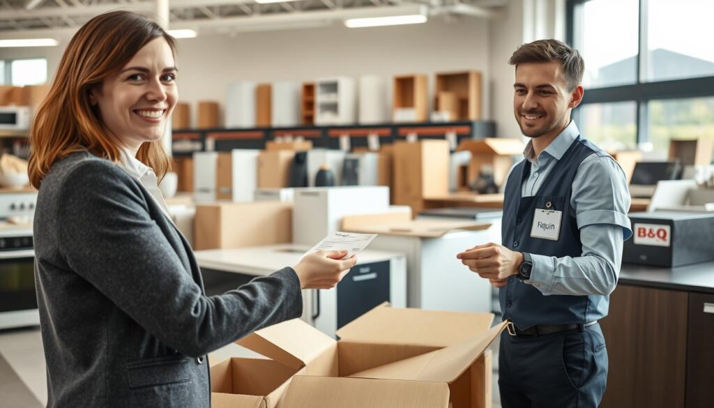 A professional kitchen return process scene depicting a customer service counter within a B&Q store. In the foreground, a smiling customer in smart casual clothing is handing over a kitchen appliance return receipt to a helpful staff member, who is dressed in a B&Q uniform. In the middle ground, display a neatly organized returns area with various kitchen items being processed, such as appliances and cabinets, in open boxes. The background should feature merchandise racks filled with kitchen accessories and storage solutions, giving a sense of retail space. Soft, natural lighting filters through large windows, creating a welcoming atmosphere. The camera angle is slightly elevated, providing a clear view of the interaction while maintaining an inviting, professional mood.