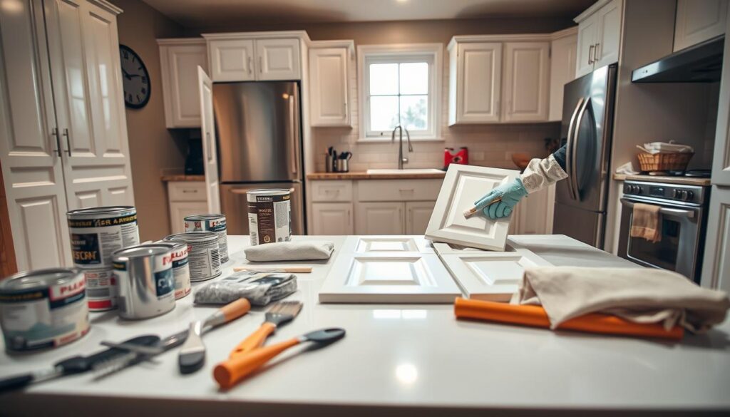 A step-by-step painting process for laminate kitchen cupboards, visually represented in a clear, organized format. In the foreground, a well-lit worktable displays neatly arranged painting tools: brushes, rollers, paint cans, and drop cloths. In the middle, a pair of hands in professional work gloves are applying primer to glossy, white laminate cupboard doors. The background shows a cozy kitchen with natural light streaming through a window, highlighting glossy tiles and modern appliances. The atmosphere is focused and productive, emphasizing organization and attention to detail in the painting process. The angle captures the action from a slightly elevated perspective to provide a comprehensive view of the project without any human faces visible. No text or watermarks.