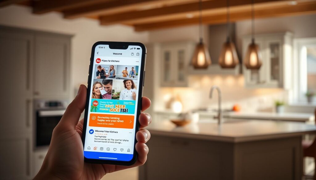 A visually striking composition showcasing B&Q social media alerts and notifications. In the foreground, a smartphone displays a vibrant notification screen with colorful alerts, showcasing promotions and new trends for kitchens. In the middle ground, an elegant kitchen setup with modern cabinetry and stylish appliances, brightly lit to create an inviting atmosphere. The background features a blurred image of a welcoming B&Q store, hinting at the retail environment. Soft, natural lighting floods the scene to evoke a sense of excitement and anticipation. The mood is dynamic and engaging, reflecting the urgency to stay informed about the latest kitchen deals and updates. Emphasizing a digital connection to home improvement, the overall aesthetic is clean, modern, and visually appealing.
