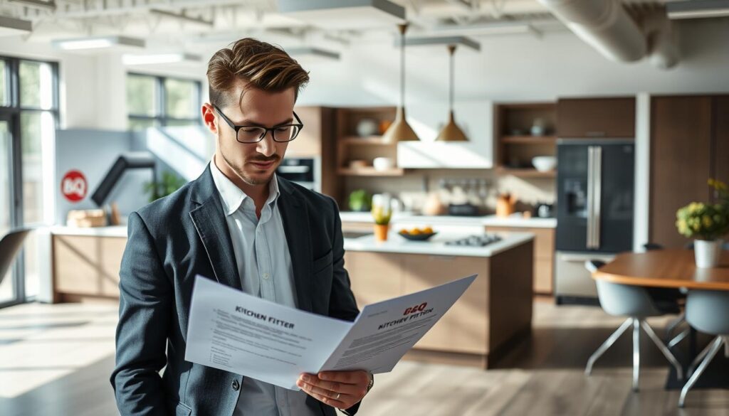 A well-organized workspace focused on a B&Q kitchen fitter application process. In the foreground, a professional-looking individual dressed in smart casual attire studies a document titled "Kitchen Fitter Application." The middle ground features a modern kitchen display, highlighting stylish cabinetry, countertops, and appliances, creating a sense of the job's environment. The background includes a bright open office space with B&Q branding subtly included, fostering a collaborative atmosphere. Natural lighting streams in through large windows, casting soft shadows that add depth to the scene. The overall mood is inspiring and aspirational, emphasizing a sense of professionalism and opportunity within the fitting process.