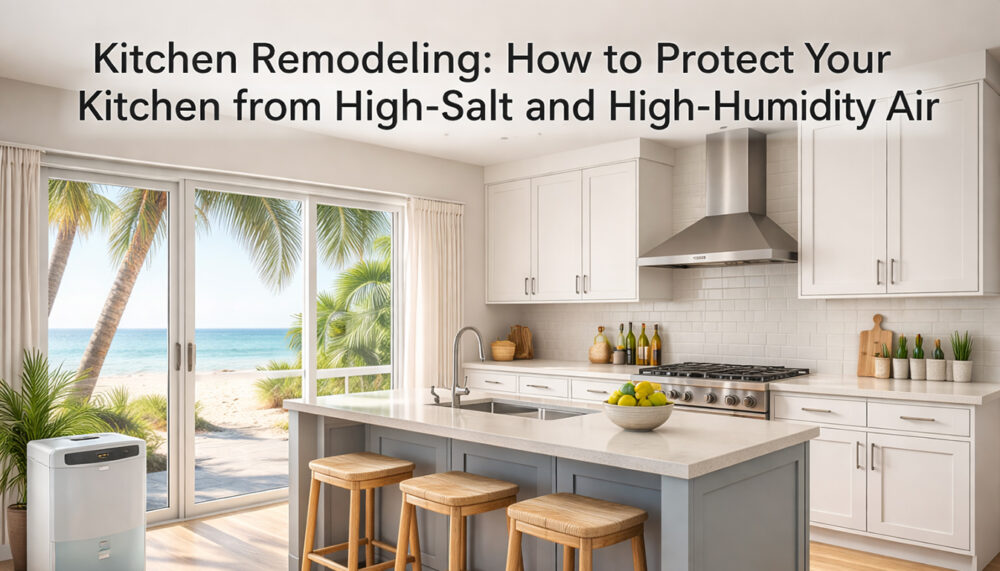 Modern coastal kitchen interior with white cabinets and stainless-steel appliances, designed to resist salt and humidity from seaside air.