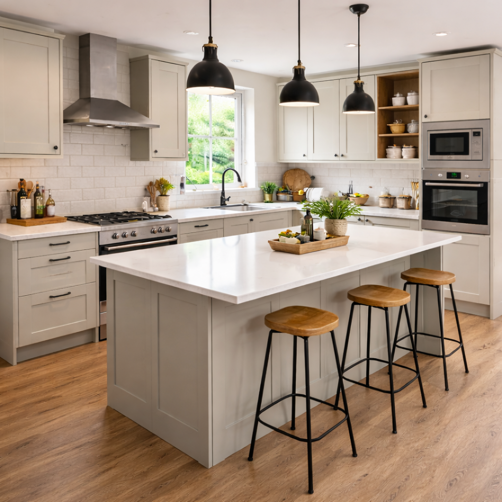 Modern kitchen installation in Edinburgh with large island and shaker cabinets