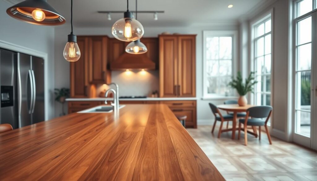 A beautifully designed kitchen showcasing a harmonious blend of modern lighting and stylish flooring options. In the foreground, elegant pendant lights with a warm glow illuminate a polished wooden countertop, enhancing the space's inviting atmosphere. The middle layer features chic, light-colored tile flooring with intricate patterns, seamlessly contrasting with the rich wooden cabinets. In the background, large windows allow natural light to flood in, highlighting the kitchen's open layout and airy ambiance. The scene is captured from a slightly elevated angle, using a soft-focus lens to create a cozy, inviting mood, perfect for DIY inspirations. The overall color palette combines soft whites, warm browns, and subtle grays, reflecting a contemporary aesthetic suited for home renovation.