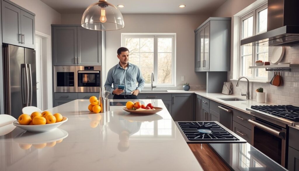 A beautifully designed modern kitchen showcasing its selling appeal. In the foreground, a sleek kitchen island with a polished quartz countertop adorned with fresh fruit and stylish cooking utensils. In the middle, a spacious layout features stainless steel appliances, a built-in oven, and a gas cooktop, complemented by contemporary cabinetry in soft gray tones. The background reveals large windows with natural light streaming in, illuminating the space. The atmosphere is warm and inviting, with soft pendant lighting hanging over the island. A professional, casually dressed individual is examining the space, providing a sense of scale. The lens perspective is slightly elevated, capturing the breadth of the kitchen while enhancing the coziness of the environment. The overall mood is upbeat and optimistic, illustrating the kitchen’s potential to attract buyers.