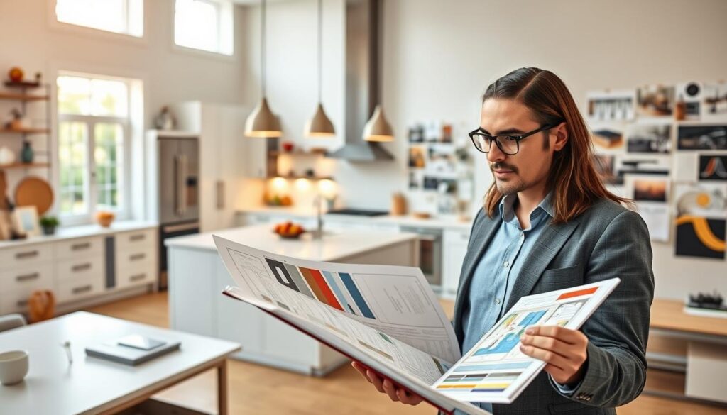 A bright and modern kitchen design portfolio assessment scene. In the foreground, a professional kitchen designer in smart casual attire is reviewing a large folder filled with colorful kitchen layout plans and materials swatches. The designer has a focused expression, surrounded by samples of cabinetry and countertop materials. In the middle ground, a large contemporary kitchen is showcased, featuring sleek cabinets, a central island, and stylish pendant lighting that casts a warm glow. The background is filled with various design elements, including a mood board with inspiring kitchen designs pinned on the wall. The overall atmosphere conveys creativity, professionalism, and the joy of discovering new design possibilities, captured with soft natural lighting through large windows. A bright and modern kitchen design portfolio assessment scene. In the foreground, a professional kitchen designer in smart casual attire is reviewing a large folder filled with colorful kitchen layout plans and materials swatches. The designer has a focused expression, surrounded by samples of cabinetry and countertop materials. In the middle ground, a large contemporary kitchen is showcased, featuring sleek cabinets, a central island, and stylish pendant lighting that casts a warm glow. The background is filled with various design elements, including a mood board with inspiring kitchen designs pinned on the wall. The overall atmosphere conveys creativity, professionalism, and the joy of discovering new design possibilities, captured with soft natural lighting through large windows.