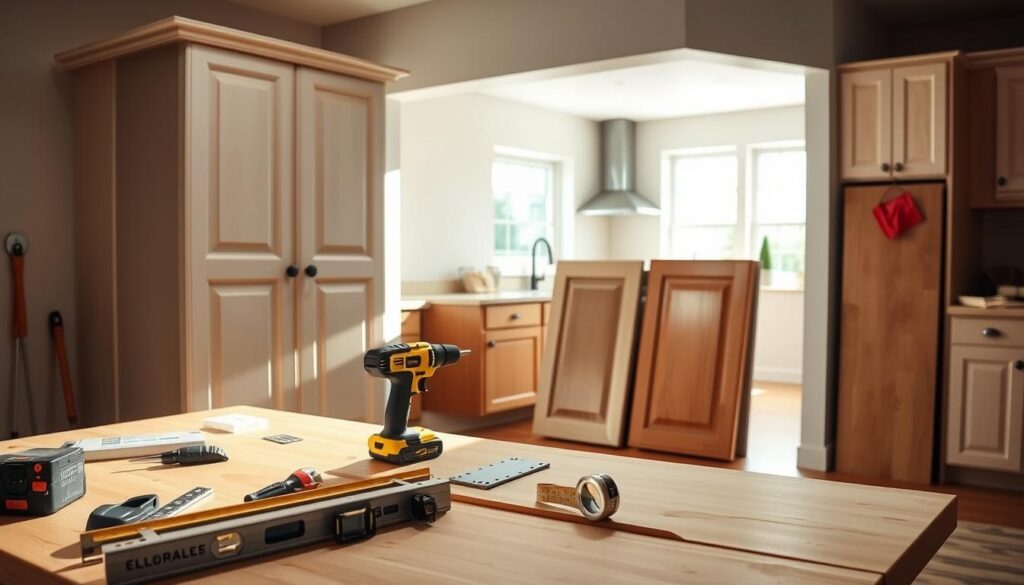 A clear and detailed kitchen cabinet installation guide is illustrated in the image. In the foreground, a well-organized workbench displays essential tools like a level, drill, measuring tape, and mounting brackets, all neatly arranged. The middle section features several cabinets in various stages of installation; one is being carefully fitted into place while another leans against the wall, showcasing a variety of styles such as shaker and flat panel. In the background, a bright, modern kitchen is partially visible, highlighting freshly painted walls and flooring. Soft, natural lighting streams in from a nearby window, casting a warm glow on the scene. The overall mood conveys a productive and hands-on atmosphere, inviting DIY enthusiasts to visualize the process of cabinet installation with confidence and clarity.