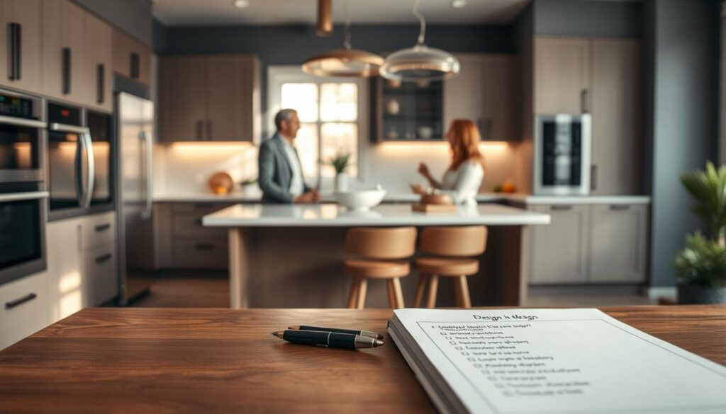 A cozy and modern kitchen setting with a stylish designer's table in the foreground, featuring a notepad filled with questions about kitchen design. In the middle ground, a professional kitchen designer, dressed in smart casual attire, is engaged in discussion with a client, showcasing enthusiasm and collaboration. The kitchen itself boasts high-end appliances, a large island with seating, and chic cabinetry, reflecting a blend of functionality and aesthetic appeal. Soft, natural lighting filters through a window, casting a warm glow on the sleek surfaces. The background is subtly blurred to keep the focus on the consultation, creating an inviting and professional atmosphere that emphasizes communication and creativity. A cozy and modern kitchen setting with a stylish designer's table in the foreground, featuring a notepad filled with questions about kitchen design. In the middle ground, a professional kitchen designer, dressed in smart casual attire, is engaged in discussion with a client, showcasing enthusiasm and collaboration. The kitchen itself boasts high-end appliances, a large island with seating, and chic cabinetry, reflecting a blend of functionality and aesthetic appeal. Soft, natural lighting filters through a window, casting a warm glow on the sleek surfaces. The background is subtly blurred to keep the focus on the consultation, creating an inviting and professional atmosphere that emphasizes communication and creativity.