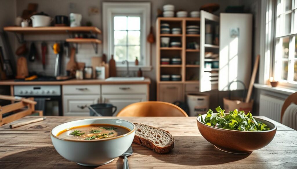 A cozy kitchen corner during a renovation, showcasing a simple meal setup on a rustic wooden table. In the foreground, a steaming bowl of soup with fresh herbs and whole grain bread sits next to a bright green salad in a ceramic bowl. In the middle, a partially renovated kitchen with open cabinets, showing scattered tools and paint cans, while a clean section reveals a cabinet filled with organized meal prep containers. The background features a window with natural light streaming in, illuminating the scene and creating a warm, inviting atmosphere. The image should reflect a balanced life amid chaos, with earthy tones and soft shadows, captured from a slightly elevated angle for depth. Avoid human figures to maintain focus on the meal setup.