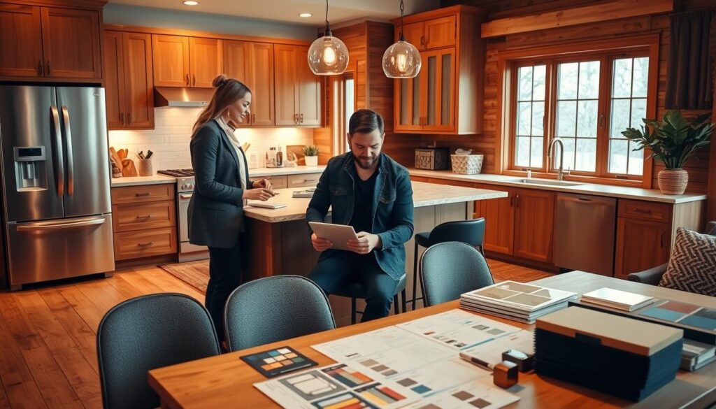 A cozy, modern kitchen design consultation scene featuring a well-lit kitchen space with warm wooden cabinetry, stainless steel appliances, and an inviting island. In the foreground, a professional interior designer in smart casual attire is engaged in conversation with a couple, sitting at the island, looking at a notepad filled with design notes and questions. The middle of the scene shows a table with swatches of materials, color palettes, and samples of cabinetry and countertops. In the background, large windows let in natural light, enhancing the warm ambiance. The atmosphere is friendly and professional, emphasizing collaboration and creativity in kitchen design. The camera is at a slight angle to capture both the designer and the couple, giving a sense of depth and engagement in the consultation process. A cozy, modern kitchen design consultation scene featuring a well-lit kitchen space with warm wooden cabinetry, stainless steel appliances, and an inviting island. In the foreground, a professional interior designer in smart casual attire is engaged in conversation with a couple, sitting at the island, looking at a notepad filled with design notes and questions. The middle of the scene shows a table with swatches of materials, color palettes, and samples of cabinetry and countertops. In the background, large windows let in natural light, enhancing the warm ambiance. The atmosphere is friendly and professional, emphasizing collaboration and creativity in kitchen design. The camera is at a slight angle to capture both the designer and the couple, giving a sense of depth and engagement in the consultation process.