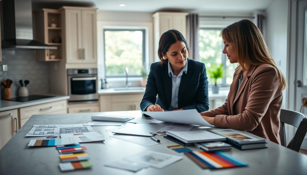A cozy, well-lit kitchen consultation scene showcasing a professional kitchen designer and a client, both dressed in smart casual attire, discussing plans over a large table adorned with design samples and materials. The foreground features a detailed table with color swatches, catalogues, and a laptop displaying kitchen layouts. In the middle background, the kitchen has modern cabinetry and stainless steel appliances, reflecting contemporary design trends. Soft, natural lighting streams through a nearby window, creating an inviting atmosphere. The overall mood is focused yet relaxed, emphasizing collaboration and creativity in the design process. A blurred view of lush greenery outside enhances the serene environment. A cozy, well-lit kitchen consultation scene showcasing a professional kitchen designer and a client, both dressed in smart casual attire, discussing plans over a large table adorned with design samples and materials. The foreground features a detailed table with color swatches, catalogues, and a laptop displaying kitchen layouts. In the middle background, the kitchen has modern cabinetry and stainless steel appliances, reflecting contemporary design trends. Soft, natural lighting streams through a nearby window, creating an inviting atmosphere. The overall mood is focused yet relaxed, emphasizing collaboration and creativity in the design process. A blurred view of lush greenery outside enhances the serene environment.