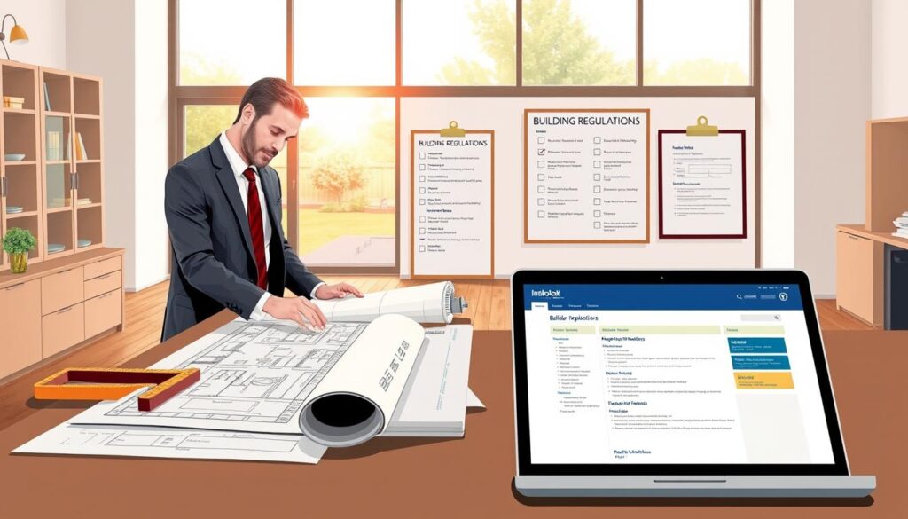A detailed illustration of the building regulations application process for a kitchen renovation in the UK. In the foreground, a professional-looking architect in business attire reviews blueprints on a desk, surrounded by tools like a scale ruler and a measuring tape. The middle ground features a large, open workspace with a wall displaying a checklist of building regulations, a clipboard with forms, and a laptop showing a digital application interface. In the background, a large window reveals a serene exterior with a garden, allowing soft, natural light to flood the room, creating a warm and productive atmosphere. The overall mood is informative and professional, reflecting clarity and organization in navigating building regulations.