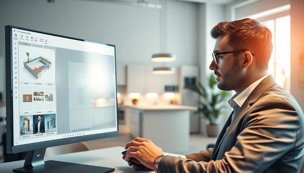 A modern 3D kitchen planning software interface displayed prominently on a sleek computer screen, showcasing various features such as an interactive layout design tool, color palette options, and customizable cabinets. In the foreground, a professional interior designer in business attire thoughtfully interacts with the software, using a mouse to manipulate design elements. The middle ground features a virtual kitchen space rendered in detailed 3D, complete with stylish cabinets, countertops, and modern appliances, lit by warm, inviting overhead lights. The background includes a bright, airy office space, with soft natural lighting streaming through a window, creating a productive and inspiring atmosphere. The overall mood is one of creativity and innovation, emphasizing the ease and functionality of Homebase’s 3D kitchen planner.