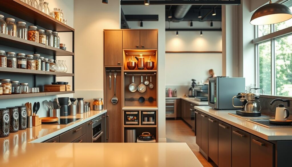 A modern coffee shop kitchen featuring smart storage solutions to reduce clutter. In the foreground, a sleek, organized workspace with open shelving displaying neatly arranged glass jars and utensils. The middle section showcases innovative storage units, like pull-out cabinets and magnetic strips, efficiently storing pots, pans, and tools. The background includes a bright, airy room with large windows, allowing natural light to flood in, illuminating the polished countertops and stainless-steel appliances. A warm, inviting atmosphere is created by soft, ambient lighting. The scene is captured from a slightly elevated angle, highlighting the functionality and design of the storage solutions, ensuring a professional and clean appearance throughout.